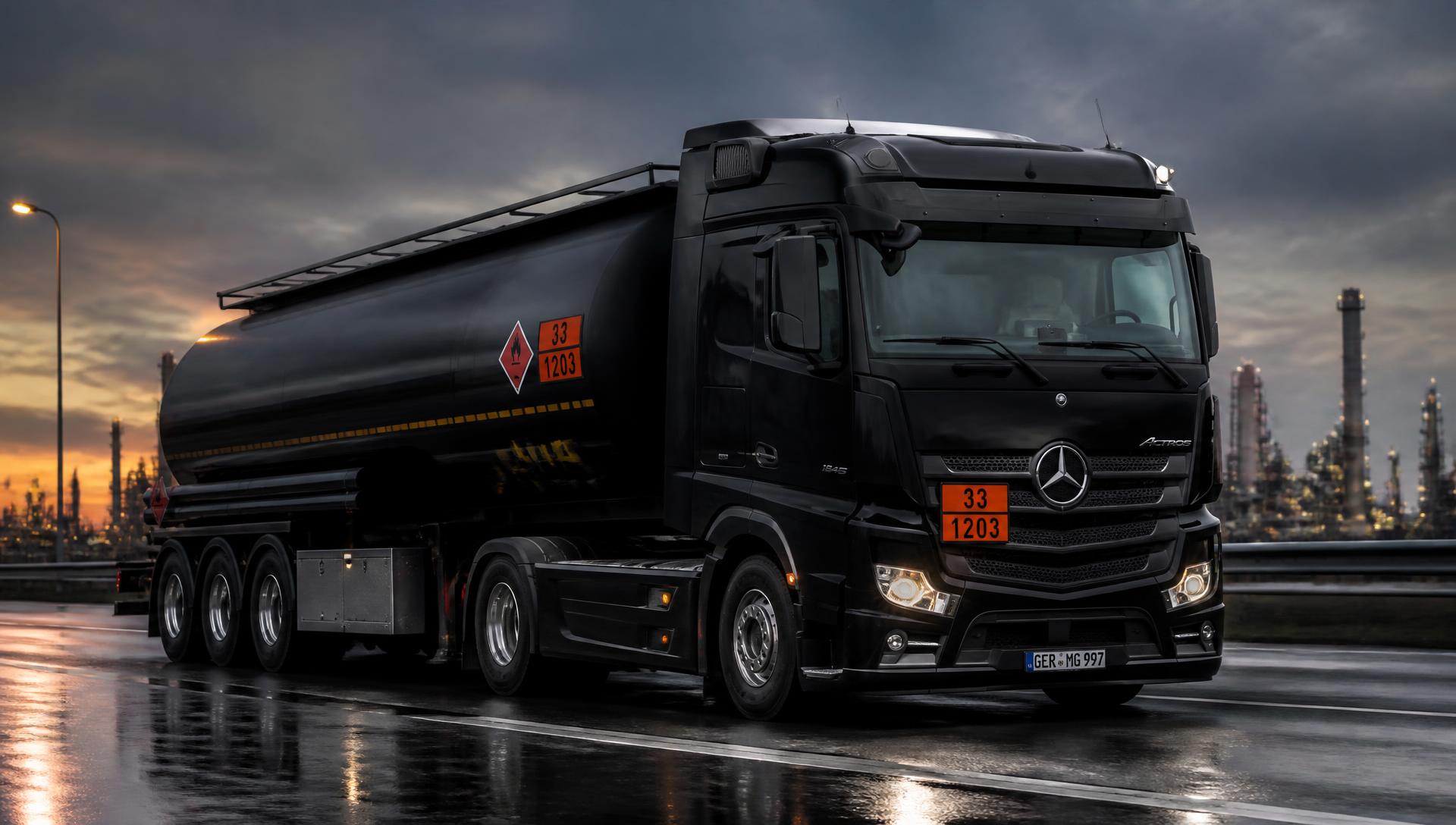Camion-citerne noir transportant des matières dangereuses